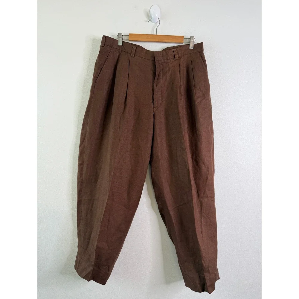 Men's Brown Pleated Trousers Linen Look Relaxed Fit Old Money Coastal 35 Waist